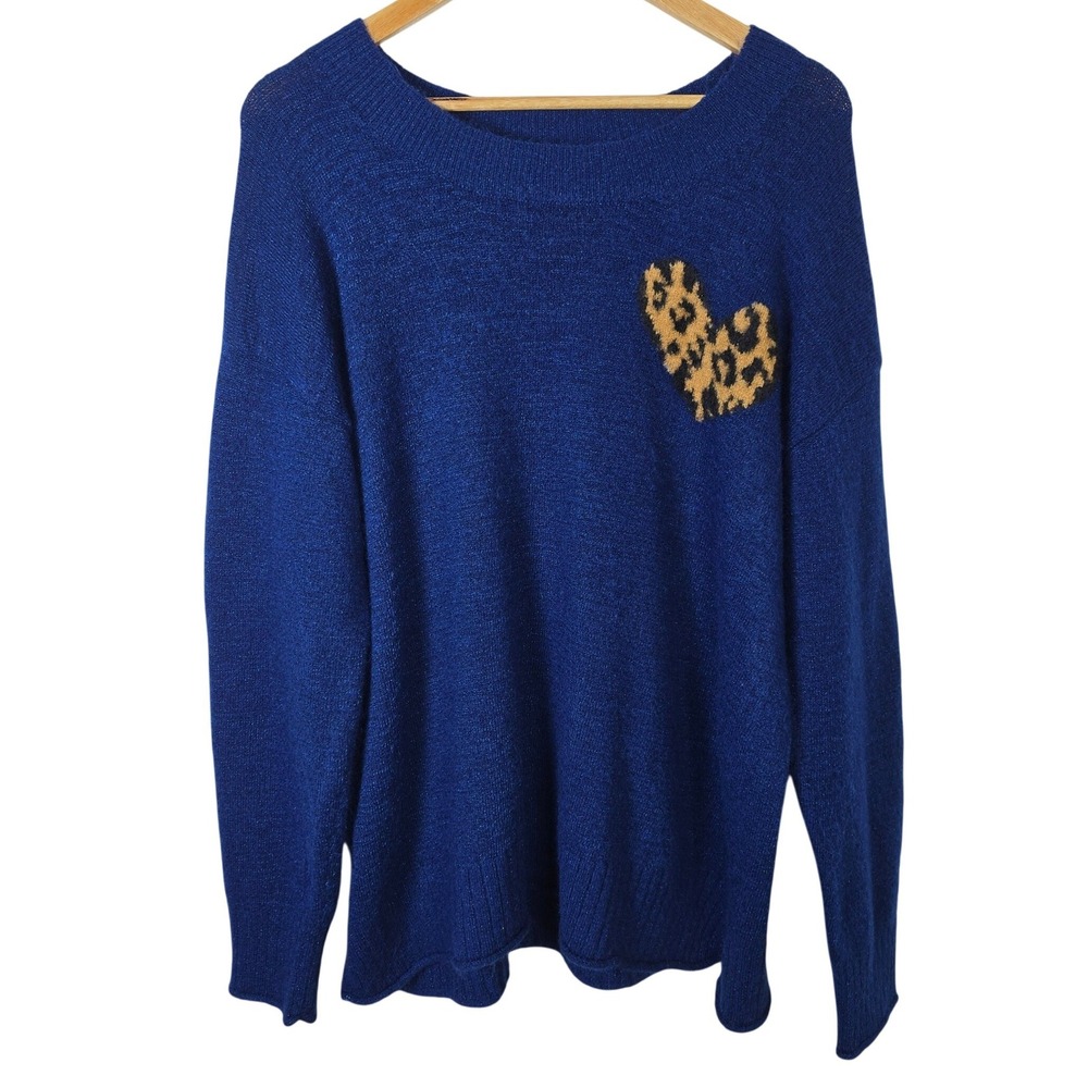 EVRI Womens 1X Royal Blue Metallic Sparkle Leopard Heart Pullover Sweater